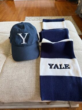 Yale University Classic Navy Blue Baseball Cap & Navy White Stripe Scarf Set